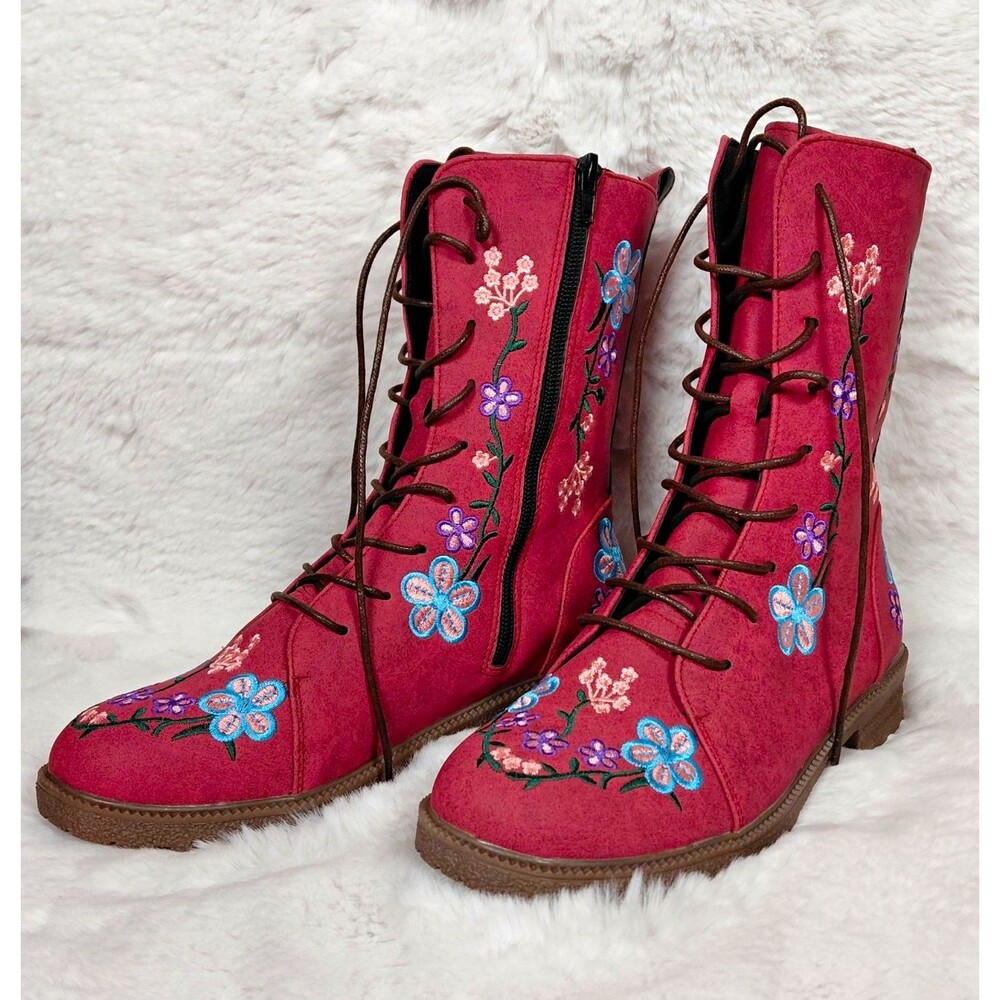 Women’s Red Floral Embroidered Combat Mid-Calf Boots Lace-Up Zip Size 8